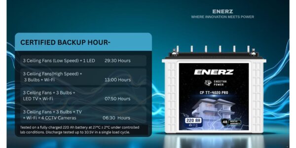ENERZ 220Ah CP TT-4020 PRO Tall Tubular Inverter Battery – Long Life, Fast Charging, Built for Power Cuts (48-Month Warranty) - Image 2